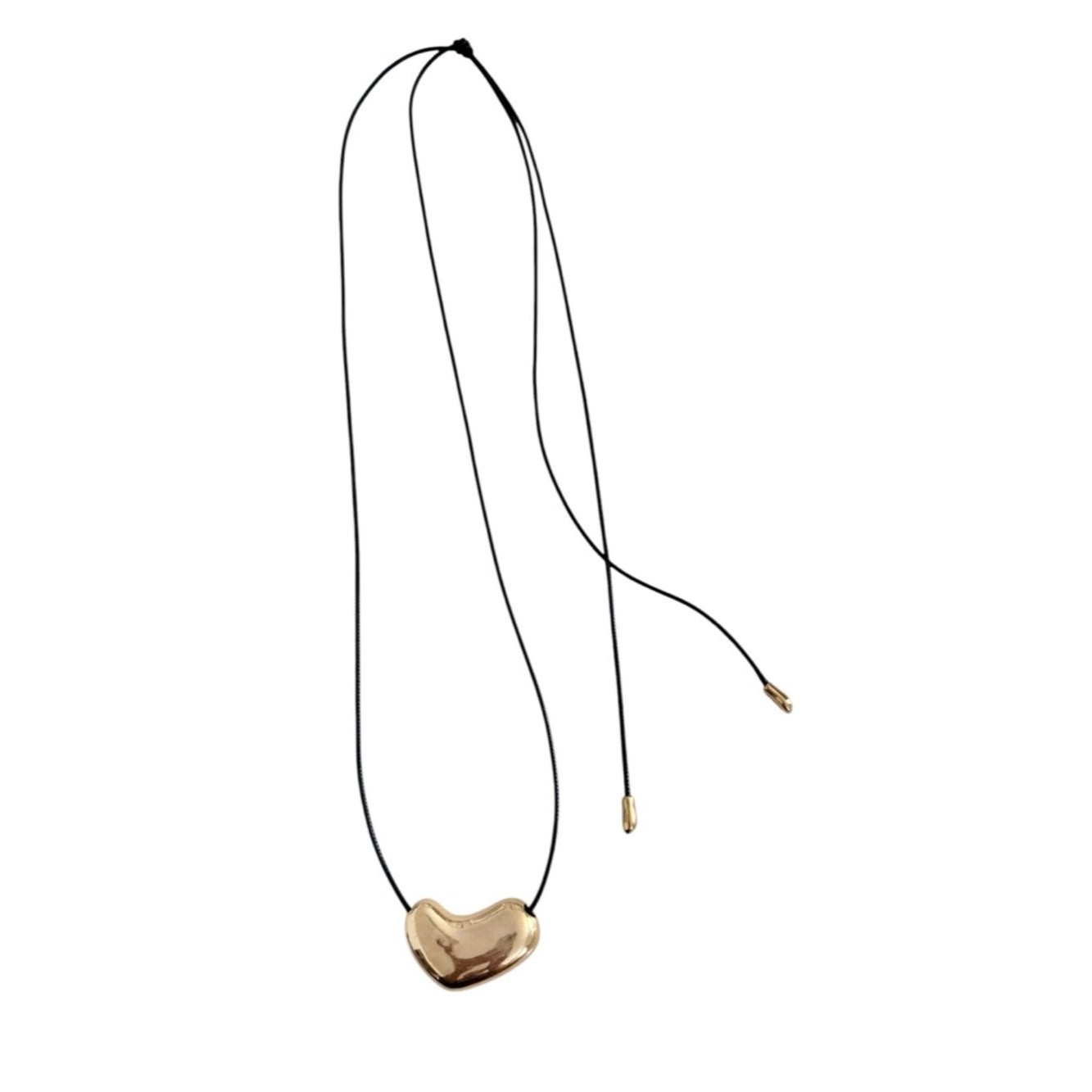 Revolve Sculpted Heart Bean Cord Necklace Gold Tone Black